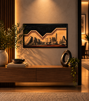 City of Stars original mixed-media artwork by Ilene Listrom featuring the Austin skyline, fiber-optic lighting, resin, and architectural details.