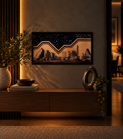 City of Stars original mixed-media artwork by Ilene Listrom featuring the Austin skyline, fiber-optic lighting, resin, and architectural details.