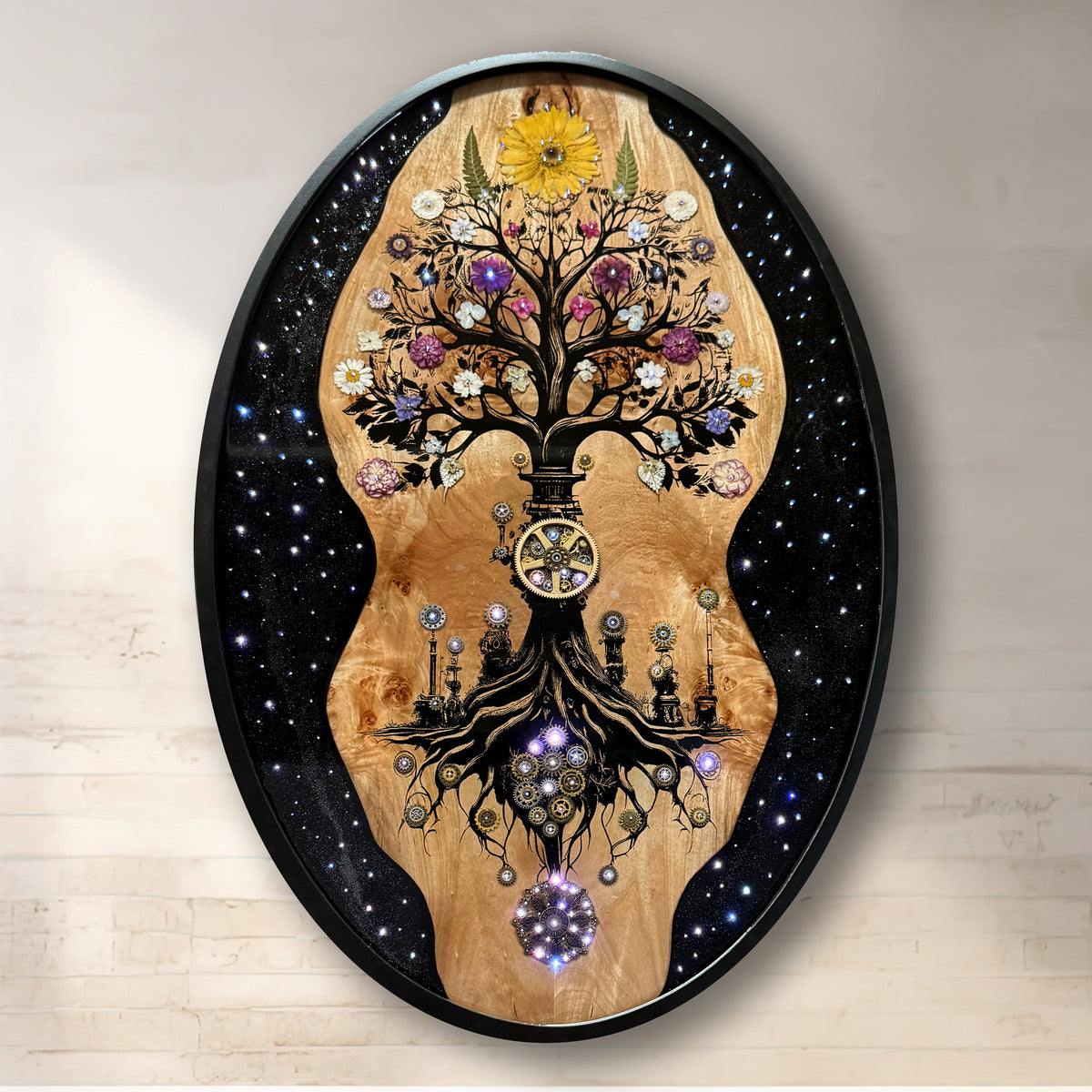 Flux original mixed-media artwork by Ilene Listrom featuring a tree of life, fiber-optic lighting, resin, and natural wood.
