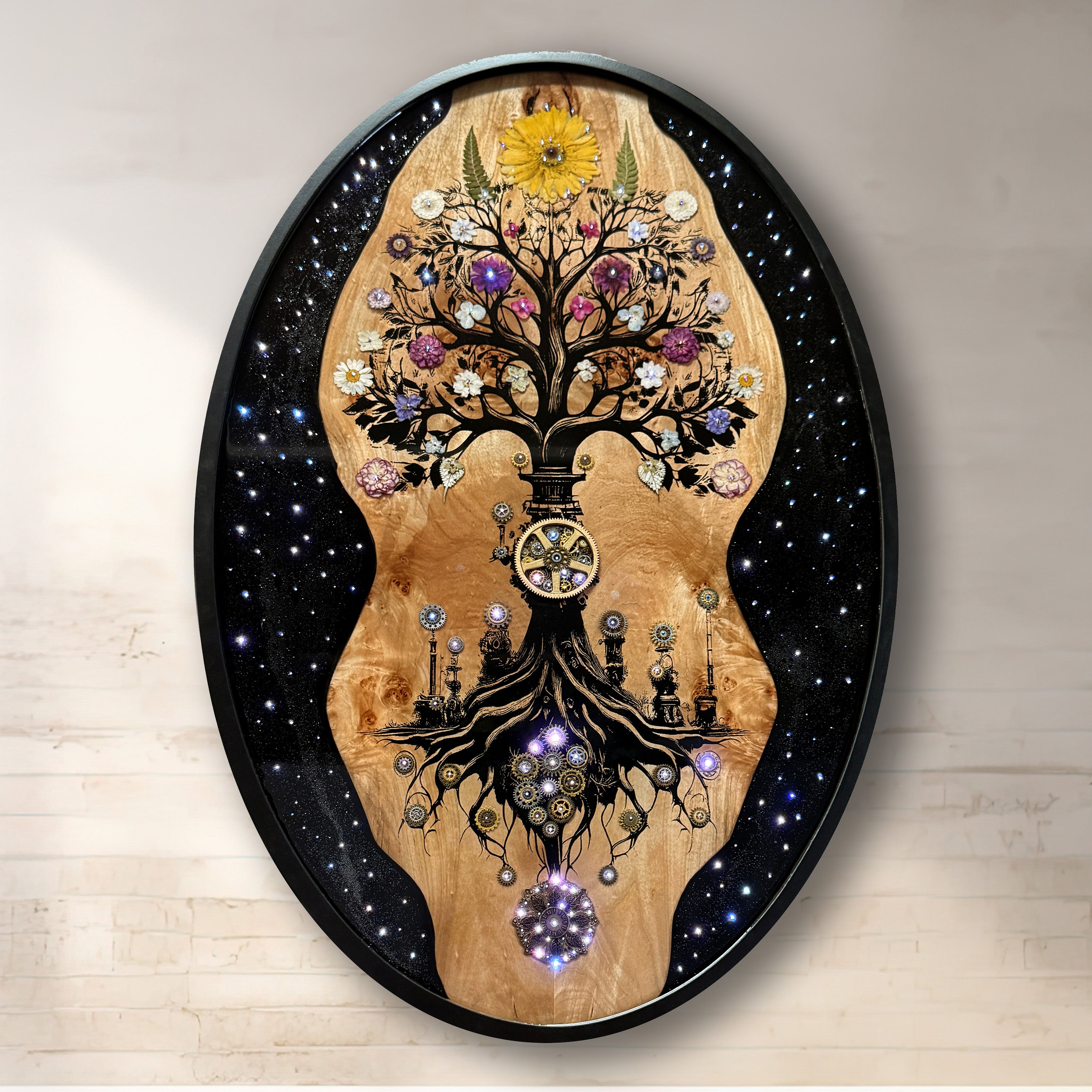 Flux original mixed-media artwork by Ilene Listrom featuring a tree of life, fiber-optic lighting, resin, and natural wood.