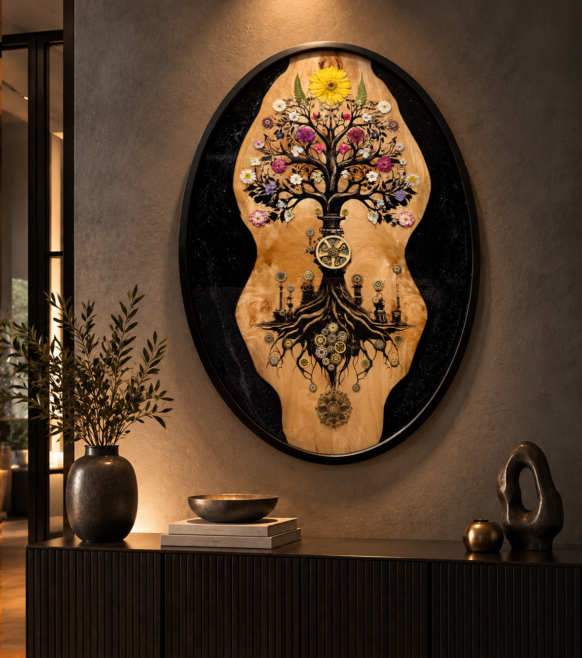 Flux original mixed-media artwork by Ilene Listrom featuring a tree of life, fiber-optic lighting, resin, and natural wood.”