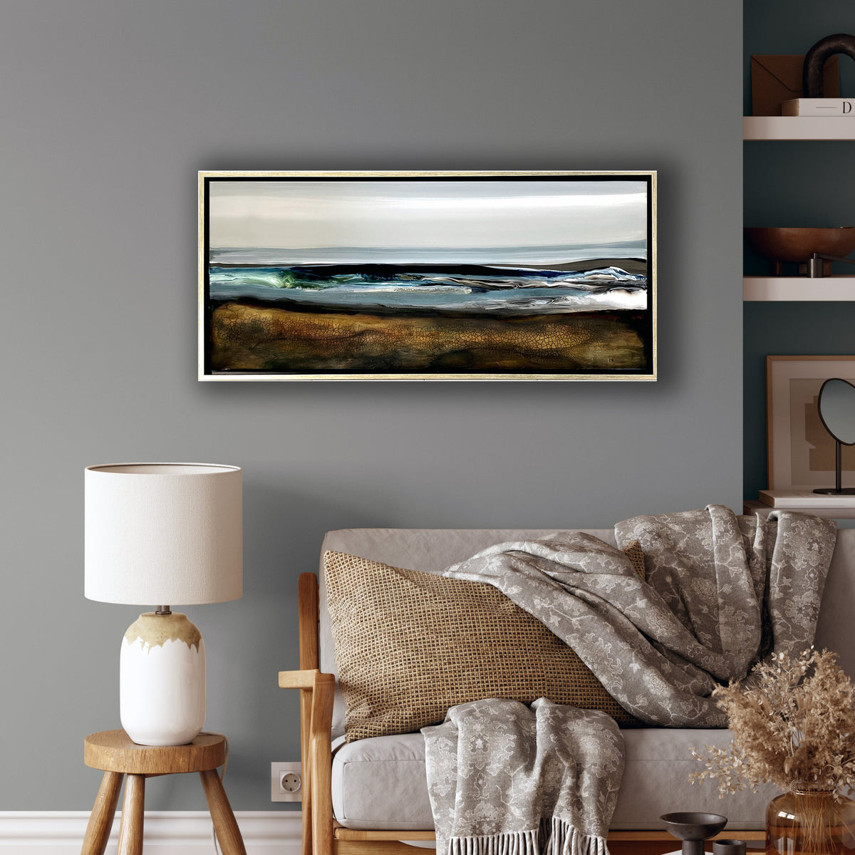 Lucent Waters original mixed-media landscape artwork by Ilene Listrom featuring layered acrylic, resin, and atmospheric water-inspired textures on wood panel. Custom Framed