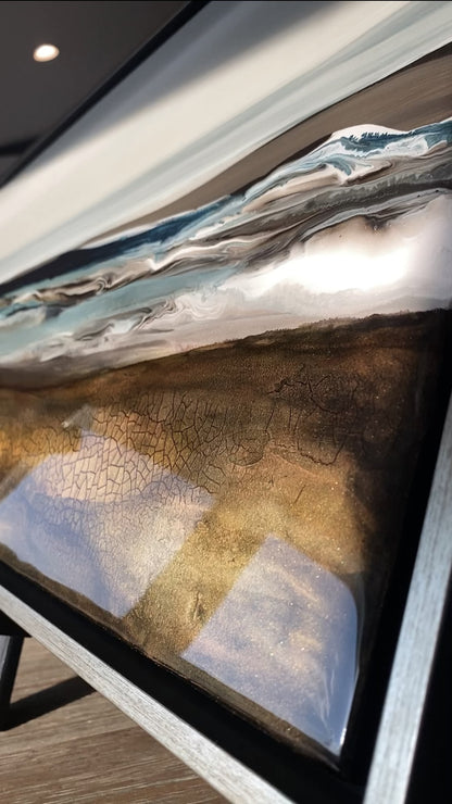Lucent Waters original mixed-media landscape artwork by Ilene Listrom featuring layered acrylic, resin, and atmospheric water-inspired textures on wood panel. Custom Framed