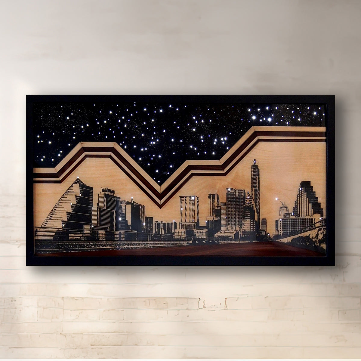 City of Stars original mixed-media artwork by Ilene Listrom featuring the Austin skyline, fiber-optic lighting, resin, and architectural details.