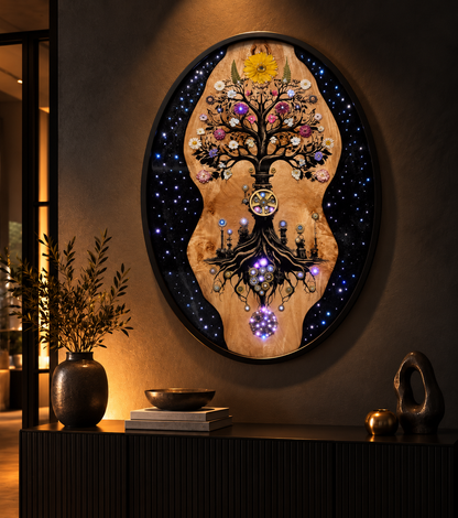 Flux original mixed-media artwork by Ilene Listrom featuring a tree of life, fiber-optic lighting, resin, and natural wood.”