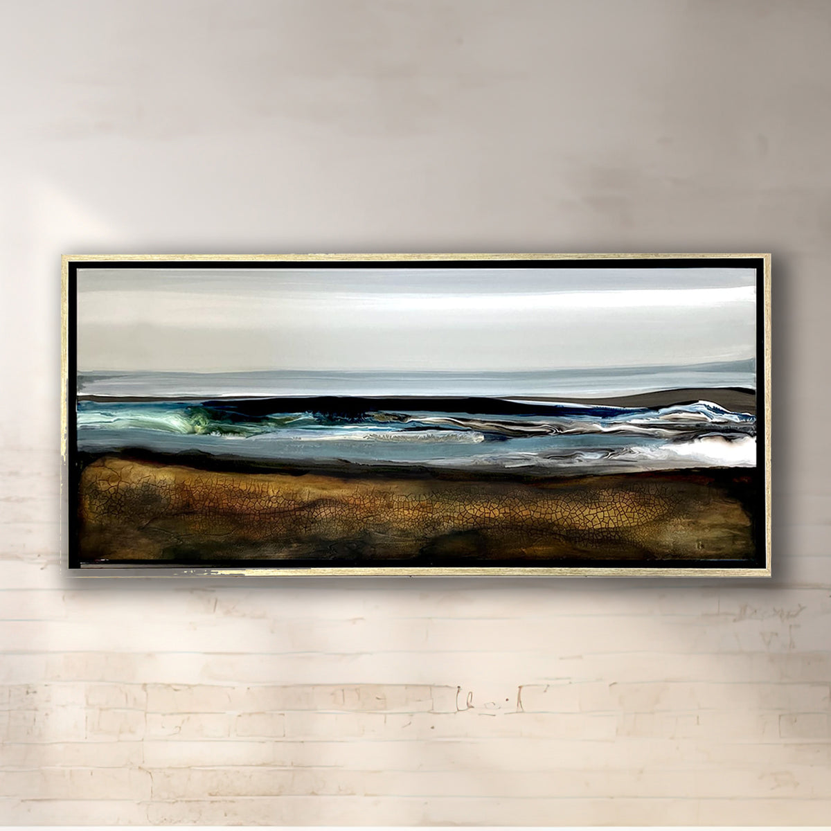 Lucent Waters original mixed-media landscape artwork by Ilene Listrom featuring layered acrylic, resin, and atmospheric water-inspired textures on wood panel.