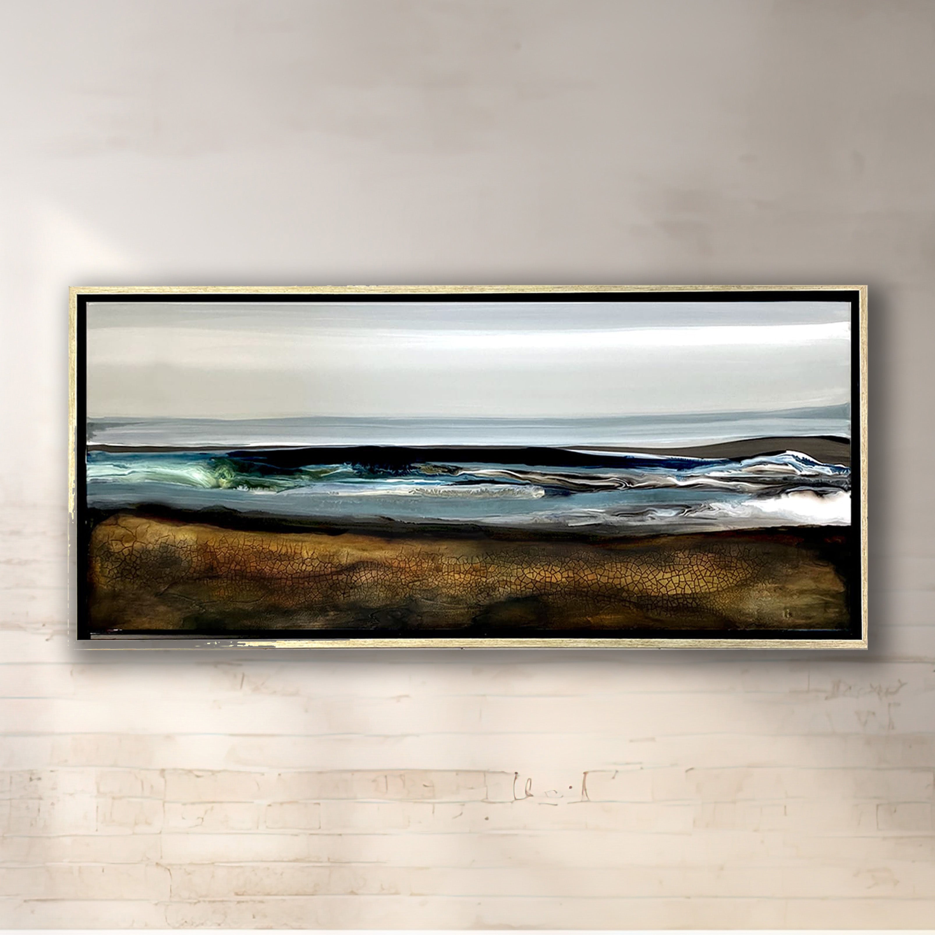 Lucent Waters original mixed-media landscape artwork by Ilene Listrom featuring layered acrylic, resin, and atmospheric water-inspired textures on wood panel.