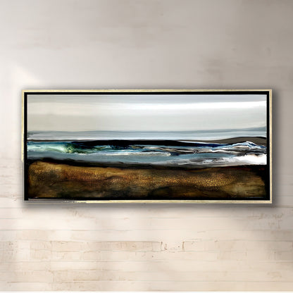 Lucent Waters original mixed-media landscape artwork by Ilene Listrom featuring layered acrylic, resin, and atmospheric water-inspired textures on wood panel.