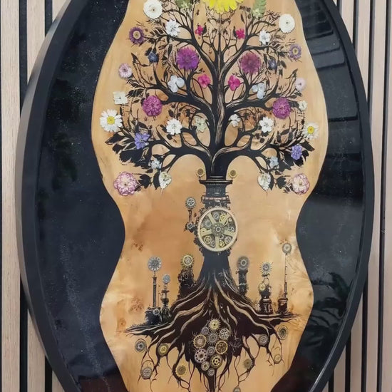 Flux original mixed-media artwork by Ilene Listrom featuring a tree of life, fiber-optic lighting, resin, and natural wood.”