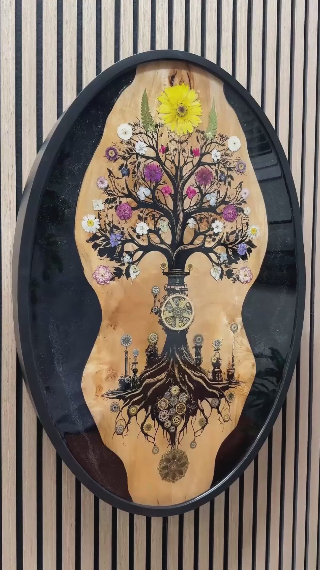 Flux original mixed-media artwork by Ilene Listrom featuring a tree of life, fiber-optic lighting, resin, and natural wood.”