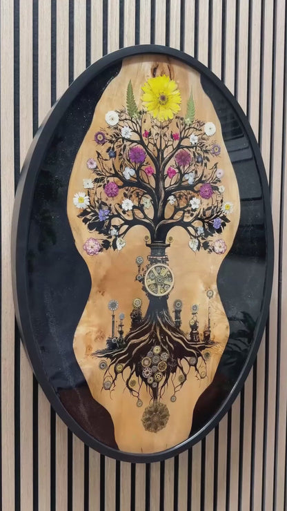 Flux original mixed-media artwork by Ilene Listrom featuring a tree of life, fiber-optic lighting, resin, and natural wood.”